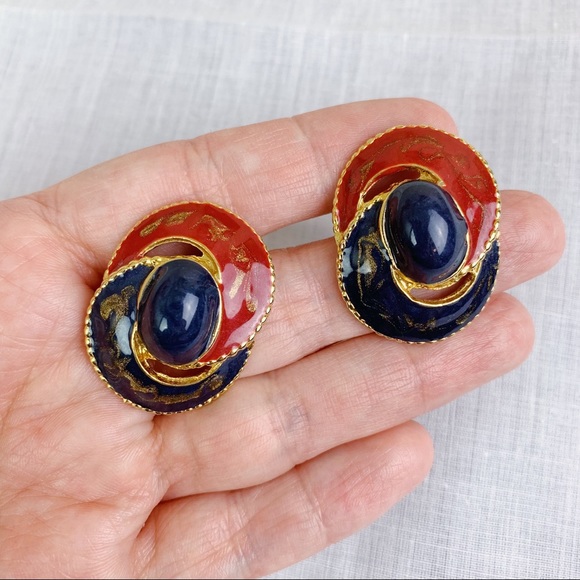 Vintage Enamel Cabochon Red And Blue Statement Earrings - Picture 1 of 4
